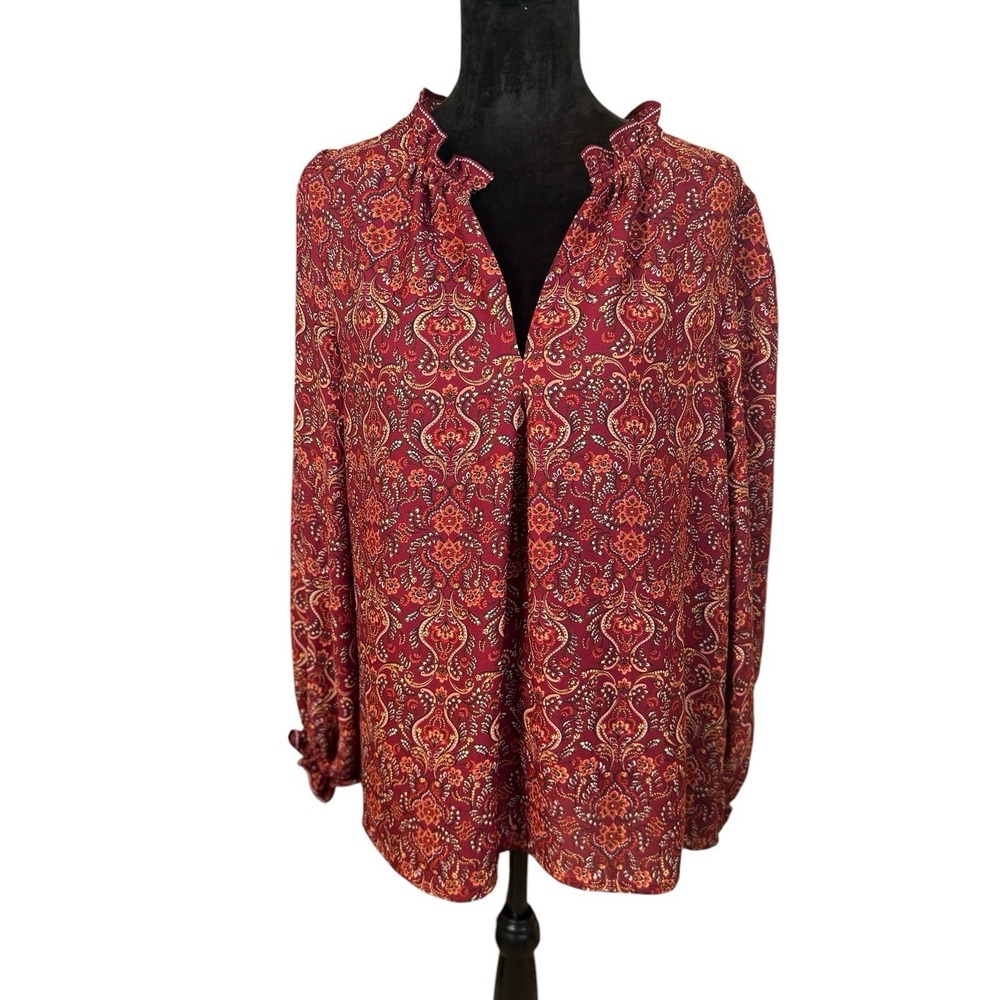 Max Studio Red Floral Printed Crepe Long Sleeve Blouse Size XL Office Business